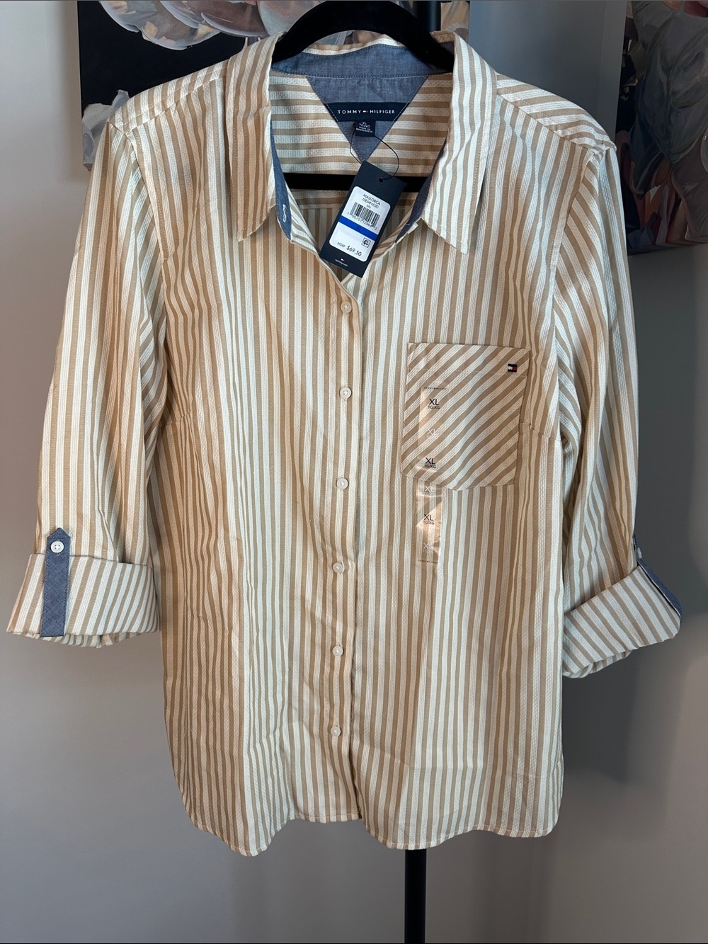 Tommy Hilfiger Beige and White Striped Roll-Tab Button-Down Shirt